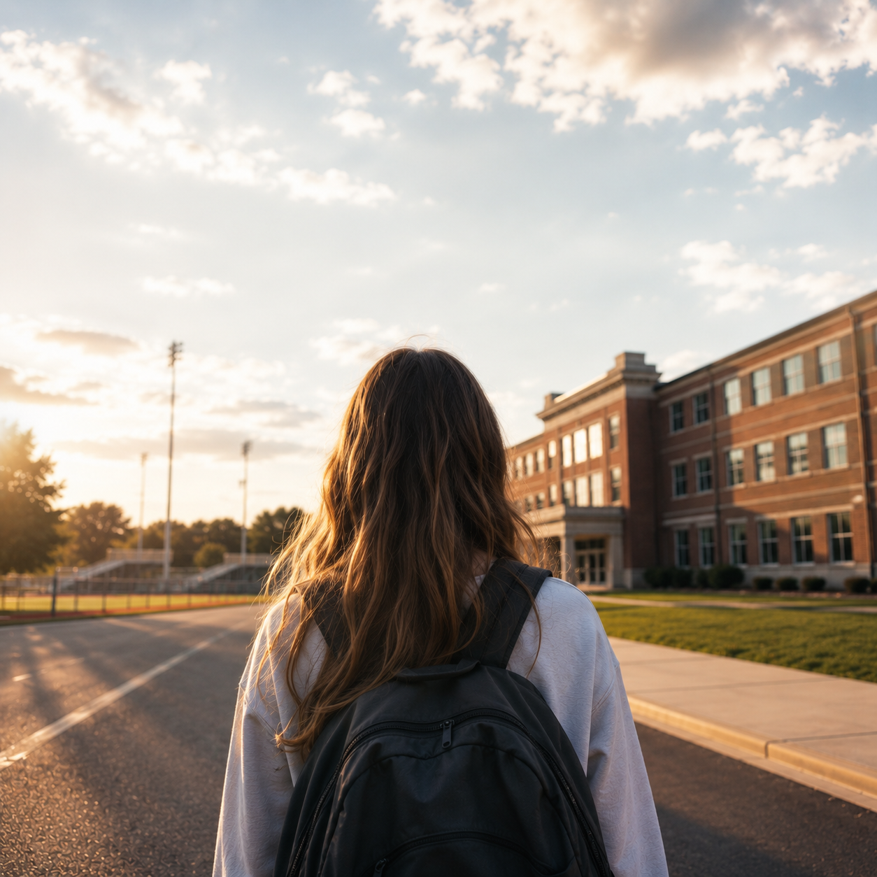 Studentka s batohem před americkou střední školou